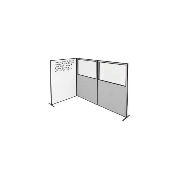 Global Equipment Interion 3-Panel Corner Room Divider with Whiteboard Partial Window, 48-1/4"W x 72"H, Gray 695186GY - main